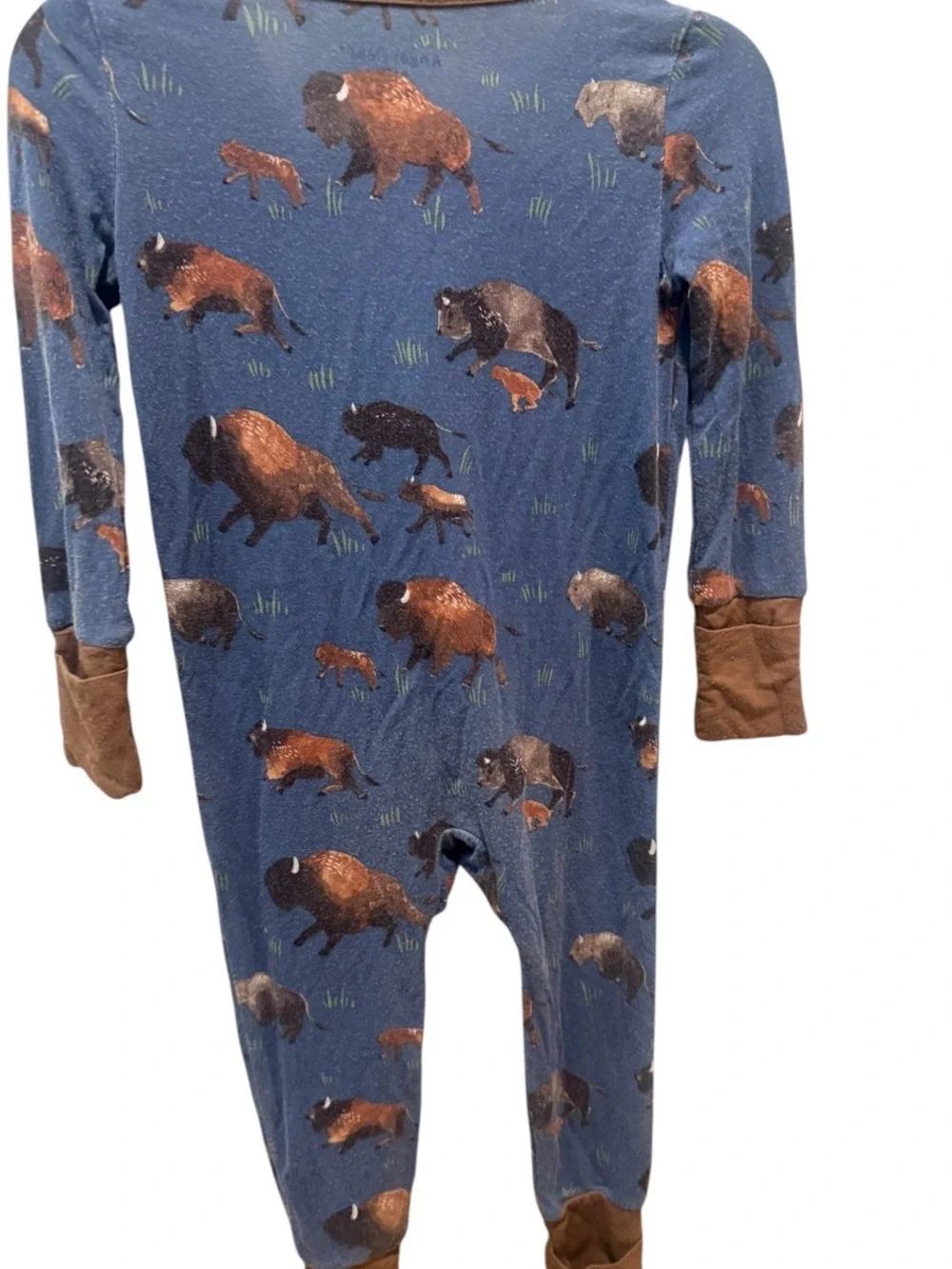 Angel Dear Blue Buffalo Print Zip-Front Footie with Brown Trim